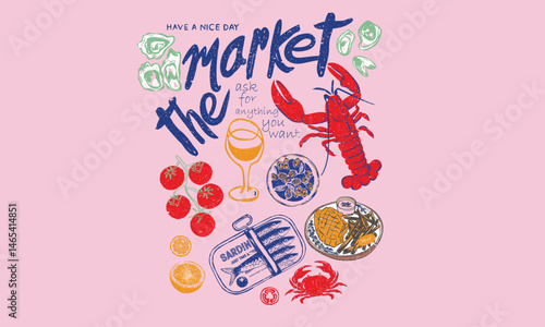 Lobster, crab, tomato, sea shell, lemon, sardines, steak work for t shirt print, poster, sticker and other uses. Seafood club. Crab and lobster design.