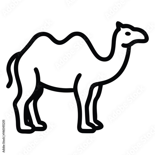 A simple black outline drawing shows a dromedary camel standing in profile position
