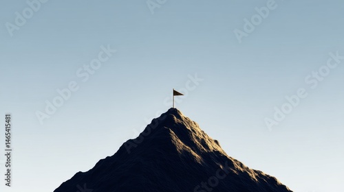 Mountain peak with flag at summit, symbolizing achievement and triumph
