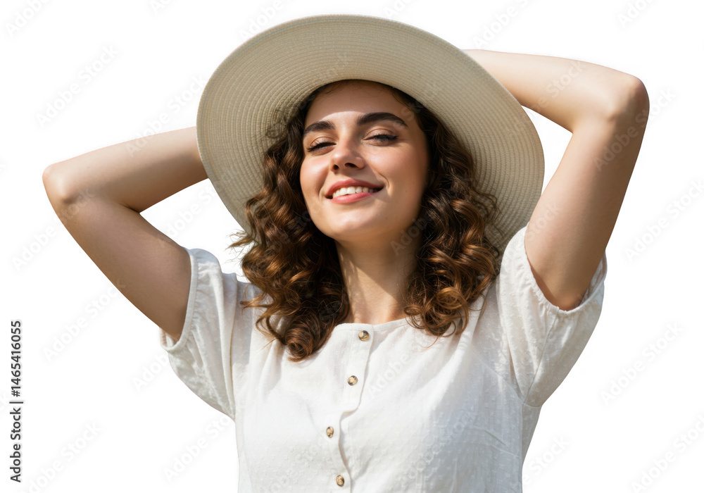 A woman in a white shirt and hat with her arms raised behind her head smiling in sunlight feeling relaxed isolated on transparent background A woman in a white shirt and hat with her arms raised behind her head smiling in sunlight feeling relaxed isolated on transparent background