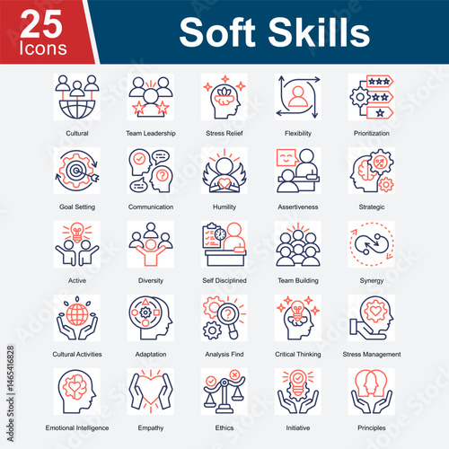 Soft Skills is a collection of icons representing the essential interpersonal and intrapersonal skills that enhance teamwork, leadership, communication, emotional intelligence, stress management.
