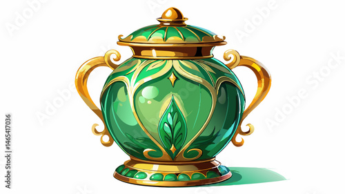 This stunning green glass jar features beautiful gold accents, embodying elegance and sophistication, perfect for decor or as a valuable collectible piece. White background