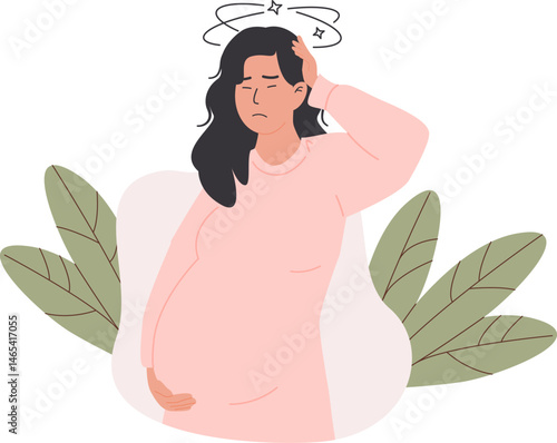 Pregnant woman experiencing dizziness and discomfort, conceptual medical illustration highlighting maternal fatigue and prenatal health. Vector illustration on white background. Anemia, preeclampsia.