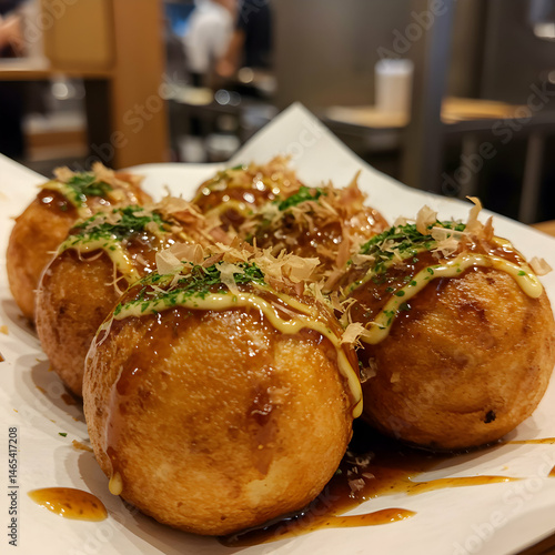 A close up shot of takoyaki balls on a white plate with sauce and toppings in a restaurant setting