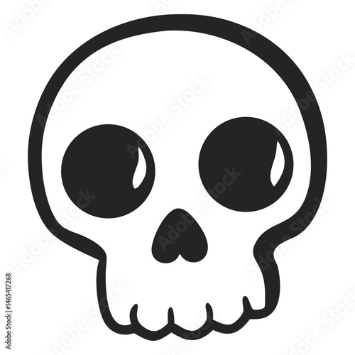 A simplistic skull features rounded eye sockets and a cartoonish jawline with transparent background