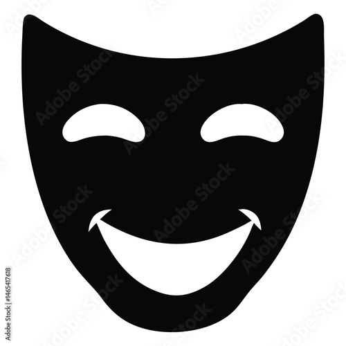 A smiling comedy mask is depicted with its expressive shape on clear backdrop