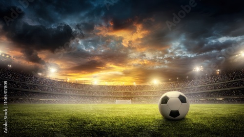 Dramatic Sunset Over a Soccer Field with a Single Ball in the Foreground and Stadium Lights Illuminating the Grass in a Vibrant Atmosphere