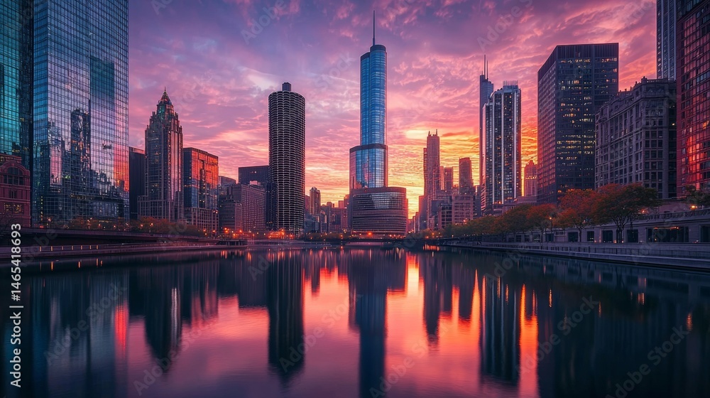 Fototapeta premium Urban skyline reflects vibrant sunset over river in downtown Chicago