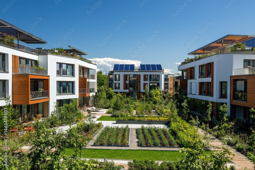 Fototapeta premium Modern residential buildings surround a landscaped courtyard garden.