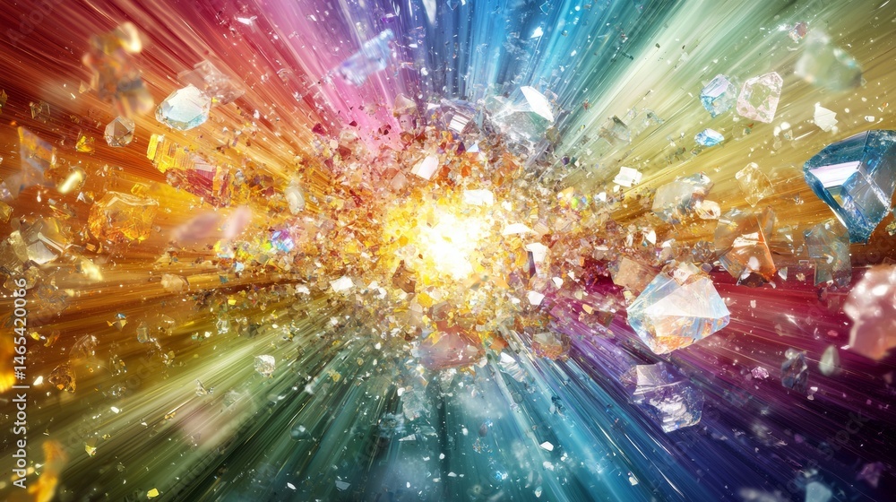 Colorful explosion of light and crystals in abstract design creating a vibrant energy effect Colorful explosion of light and crystals in abstract design creating a vibrant energy effect