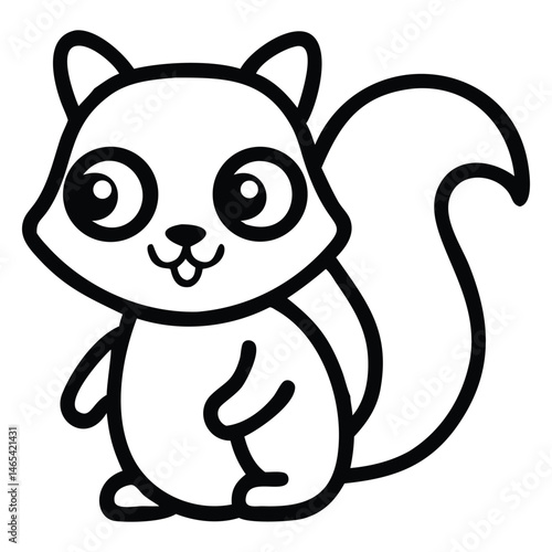 Adorable outlined squirrel character illustration sits cheerfully, with big eyes and a bushy tail