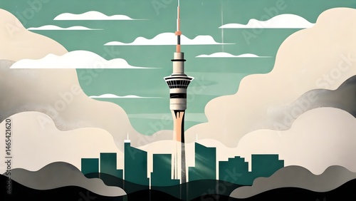 Stylized illustration of Auckland's Sky Tower rising above the city skyline in a retro color palette with abstract cloud formations, suitable for travel brochures and architectural design concepts.