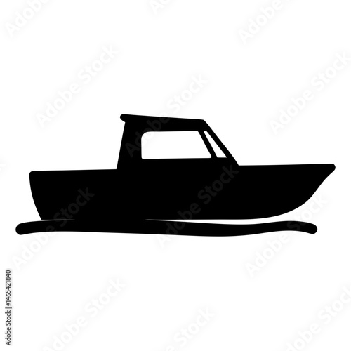 A black and white illustration of a cabin boat on the water