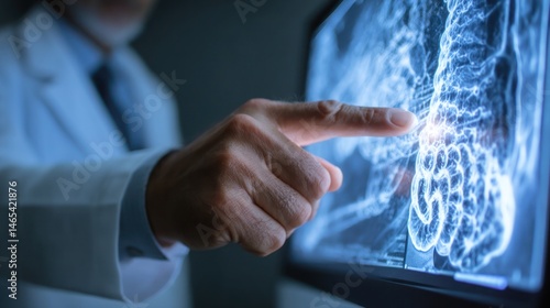 Doctor Pointing at Digital Intestinal X-ray on Screen for Gastrointestinal Diagnosis