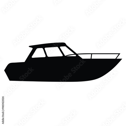 Detailed silhouette of a luxury cabin cruiser boat on a white background
