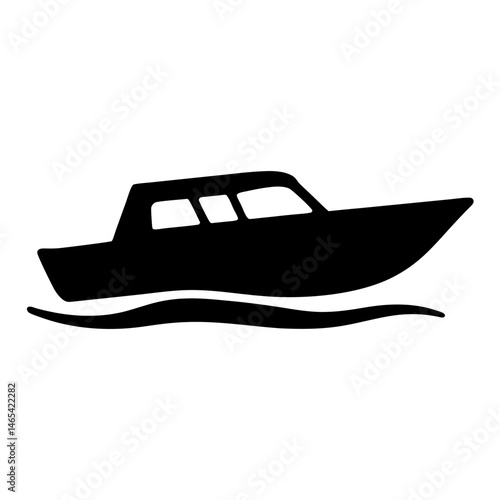 Black silhouette of a cabin cruiser motorboat sailing through water smoothly