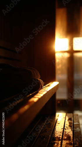 Warm, shine sauna room with wooden bench