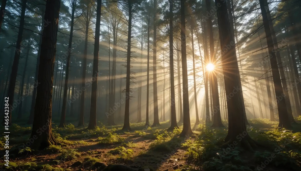 Obraz premium Sunbeams Illuminate Misty Forest Path