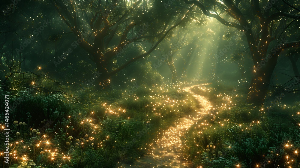 Obraz premium Enchanting forest path illuminated by magical glowing particles in a surreal and atmospheric photo