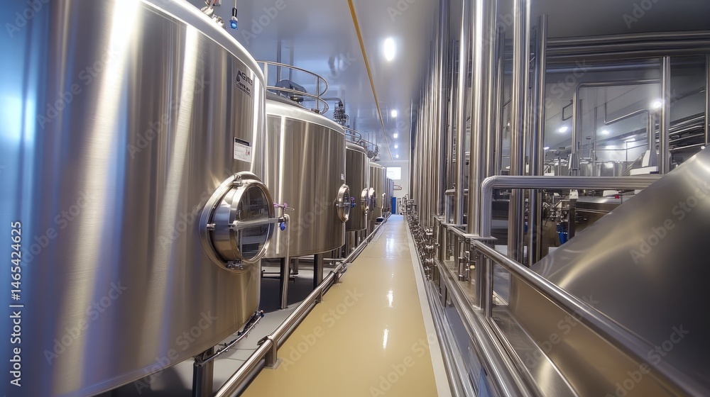 Obraz premium Inside a clean, modern manufacturing plant with stainless steel pipes. -