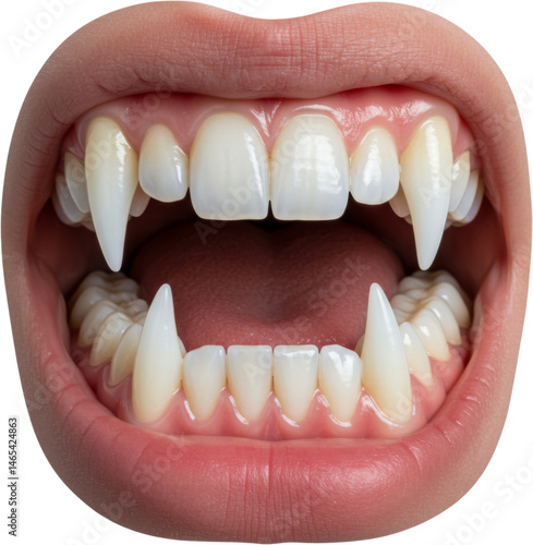 Close-up of a human mouth with pointy teeth and lips, evoking a vampire or horror theme. The image is hyper-realistic and emotionally intense with a dark, dramatic tone