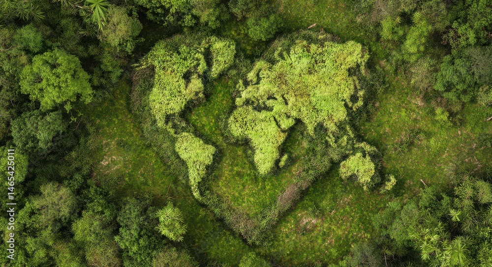 Obraz premium heart-shaped world map covered with green moss on grass in a forest, a Planet Earth Day concept