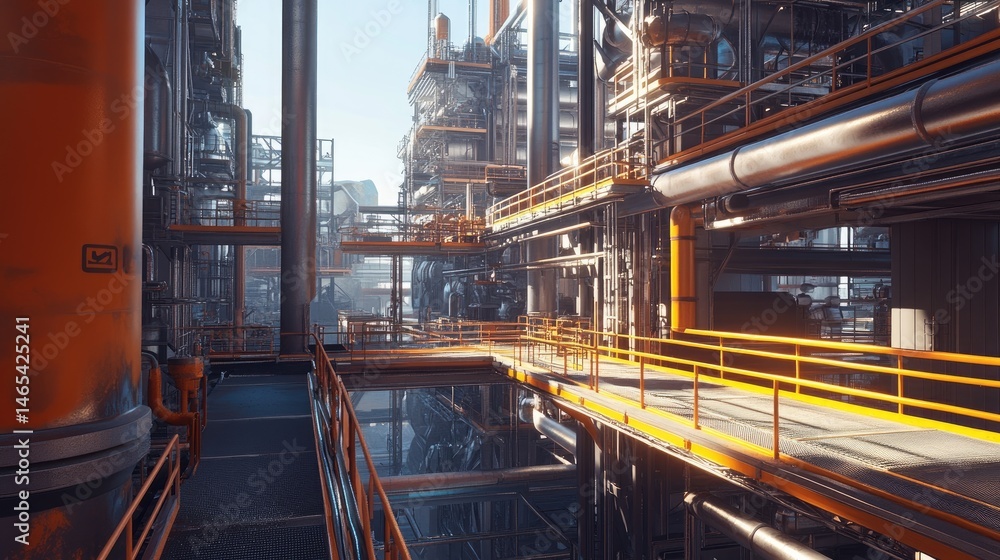Fototapeta premium Massive chemical plant with networks of pipes and metallic walkways.