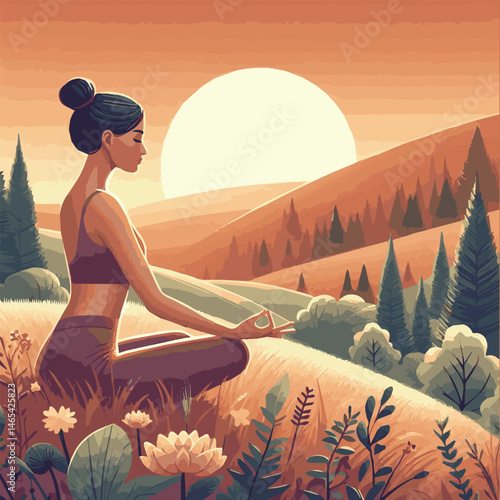 A meditating girl sits in a lotus position on a hill against the background of the sun. Colorful cartoon-style illustration. Vector graphics. EPS.