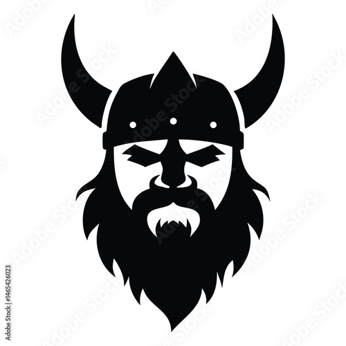 Black and white depicts a horned helmet wearing viking with a beard