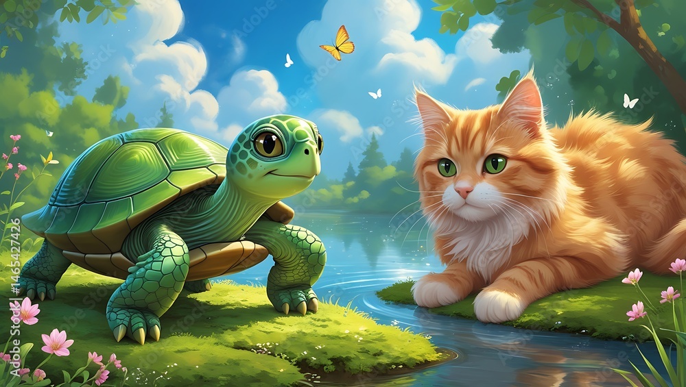 Obraz premium Adorable Green Turtle and Curious Cat in Sunny Forest Setting – Wholesome Nature Scene