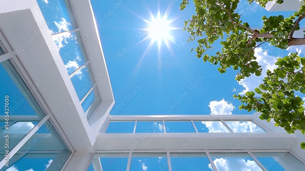 Obraz premium Looking Up at Bright Sunlight and Blue Sky From Modern Building