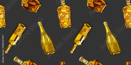 seamless vector pattern of golden alcohol bottles in cubism style on dark grey background, luxury bar design with champagne, cognac, wine, tequila