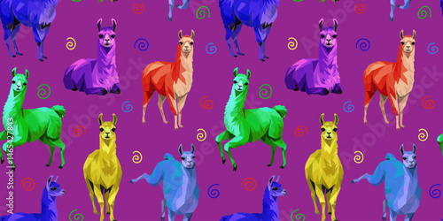 vibrant seamless vector pattern with colorful llamas and alpacas, abstract repeating design with spirals on bright purple background, fun animal textile