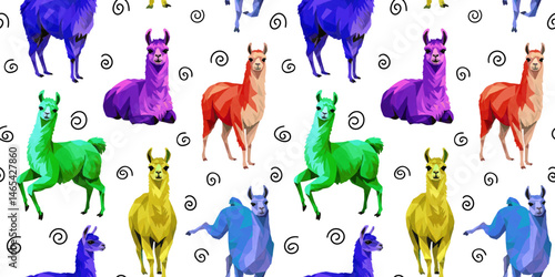 bright modern seamless pattern with multicolored alpacas painted triangles, llamas black spirals white background, abstract repeating design animal textile