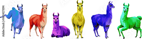 set isolated color vector alpacas llamas drawn in triangle style, geometric animal illustrations in various poses, south american mammal art on white background