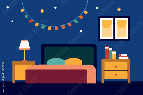 bedroom with glowing garlands along the headboard  