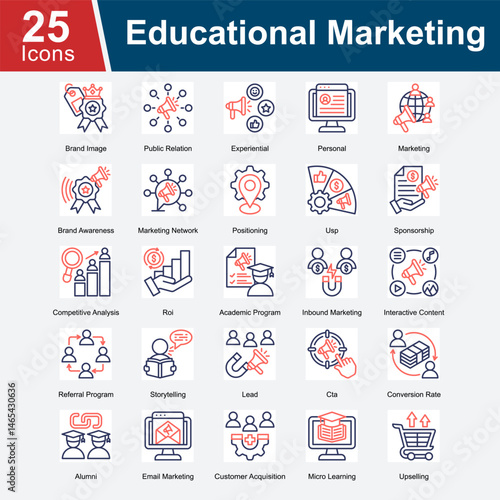 Educational Marketing is a collection of icons focused on strategies and tools for marketing educational services, including brand image, public relations, lead generation, customer acquisition.