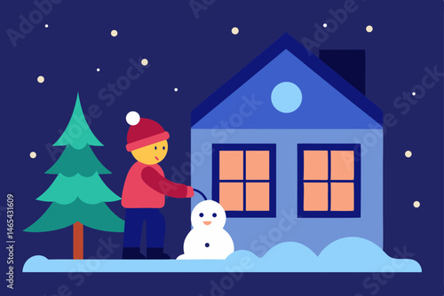 child building a snowman outside a warmly lit home 