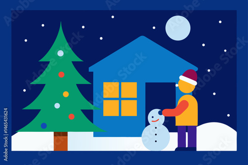 child building a snowman outside a warmly lit home.svg