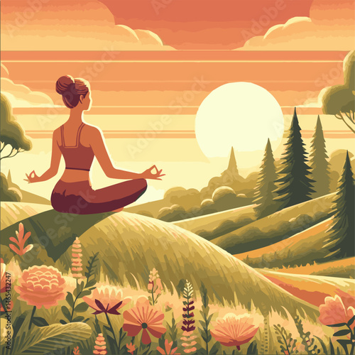 A meditating girl sits in a lotus position on a hill against the background of the sun. Colorful cartoon-style illustration. Vector graphics. EPS.
