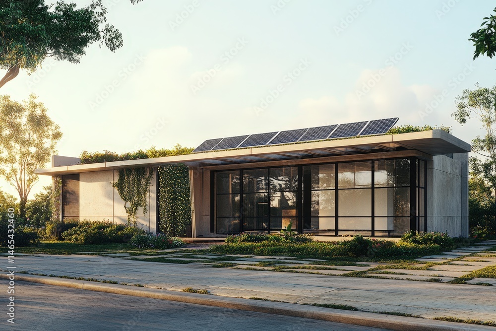 Obraz premium Modern, sustainable home design with solar panels.