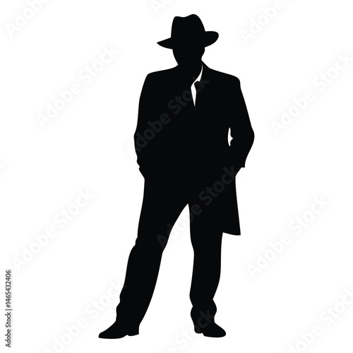 Black silhouette shows a man standing with hands in pockets wearing a hat