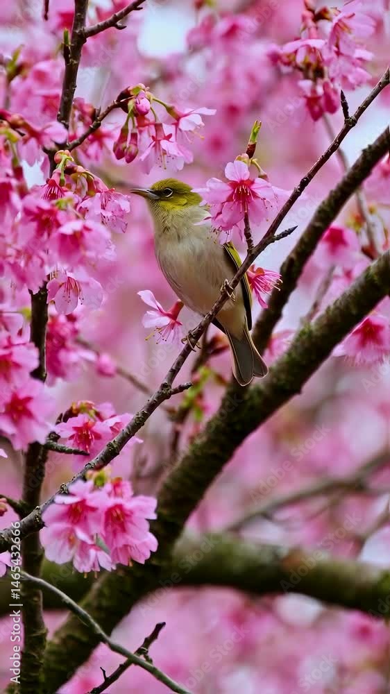 Small bird perched on cherry blossom branch in spring. Vertical nature video
Small bird perched on cherry blossom branch in spring. Vertical nature video