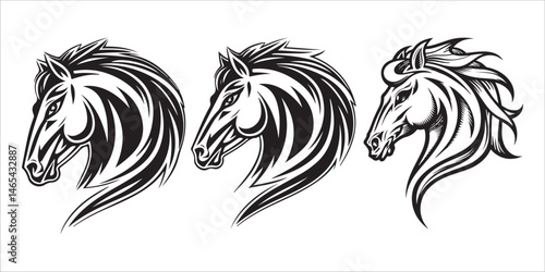 Black and white vector illustration of a running horse head silhouette, a wild and majestic stallion