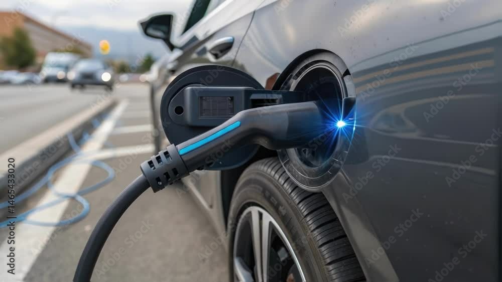 A closeup image focusing on the connectors embedded within the road with a dynamic display demonstrating how energy flows seamlessly from the road to an electric vehicle above.