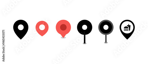 Pin location icon set in vector format. Includes map pins, GPS markers, and navigation symbols for apps, maps, UI design, travel, and location-based services.