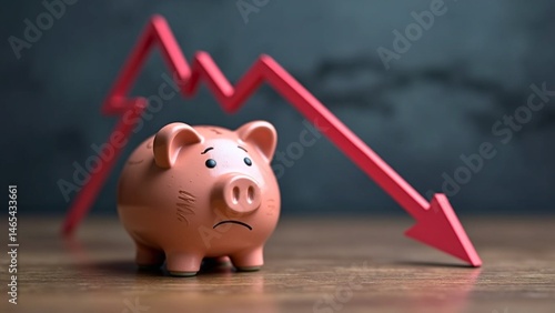 Sad piggy bank and arrow down. Difficult economic situation. Expenditure of savings and financial reserves. Falling income, economy lower wages. Illustrates the impact of economic recession