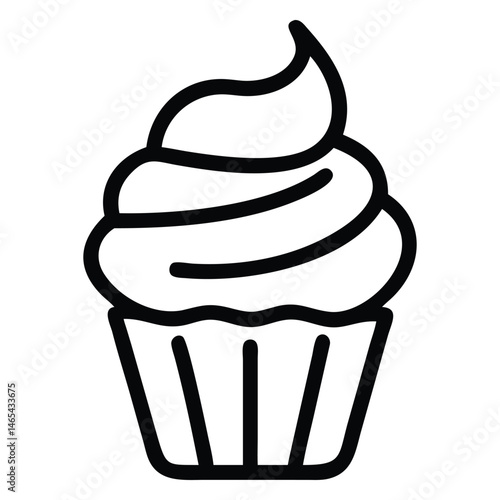 Bold outline shows delicious frosted cupcake with a swirl top and fluted cup