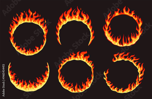 Cartoon fire flame rings. Red hot burning hoops, blaze round border frames, inferno fire circle gate, energy dynamic effect. Vector comic set isolated on dark background