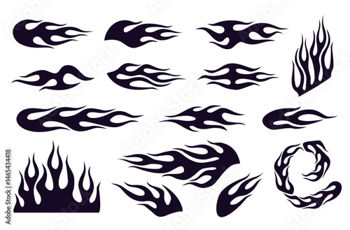 Flame decal. Fire abstract black silhouette  flames for race car or tattoo. Tribal flame hotrod car vinyl decals and motorcycle airbrush stencil. Burning element vector set